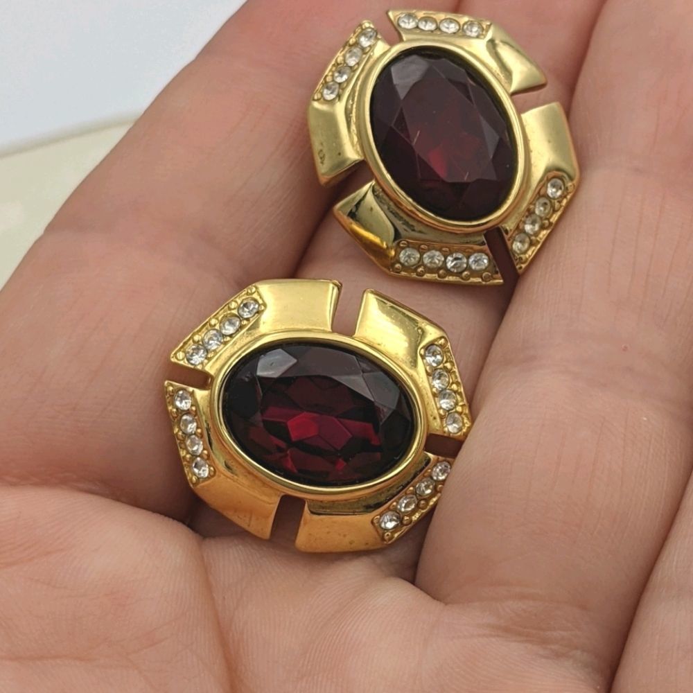 Monet Ruby Red Beveled Glass Gold Tone Earrings